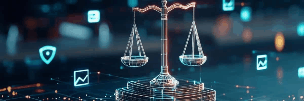 Digital rendering of justice scales surrounded by cybersecurity icons, symbolizing data protection in the legal industry.