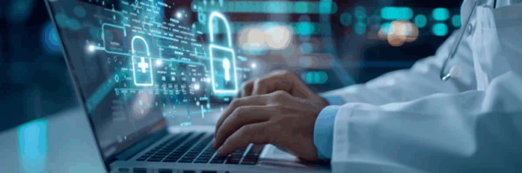 Doctor using a laptop with digital security graphics overlay, representing data protection and cybersecurity in healthcare.