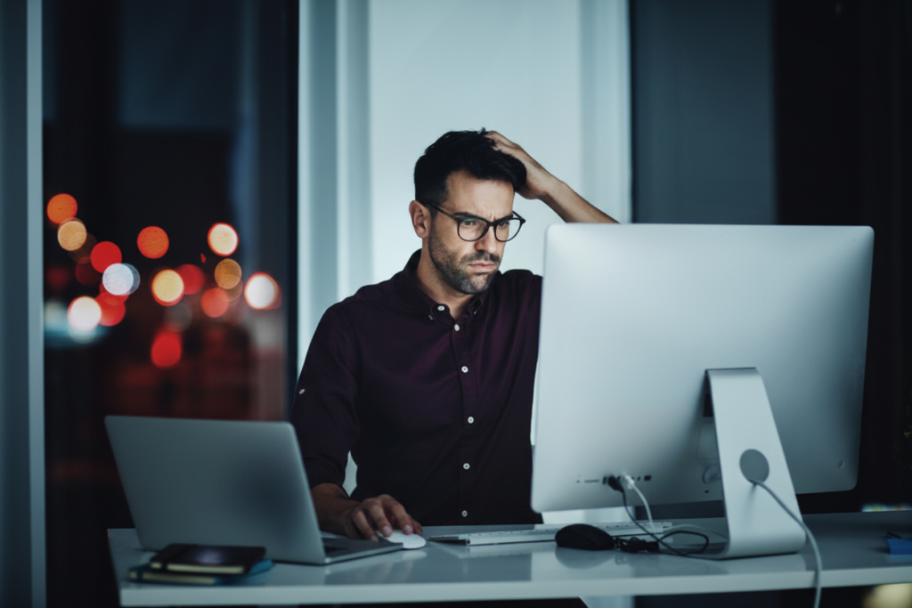 A man at a desk after dark, hand on his head, frowning at a monitor with city lights blurred behind him.